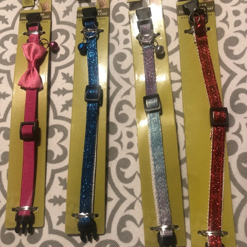 - 4 Cat glamour Collar Bell and Pink Red Bow Tie Glitter Lot